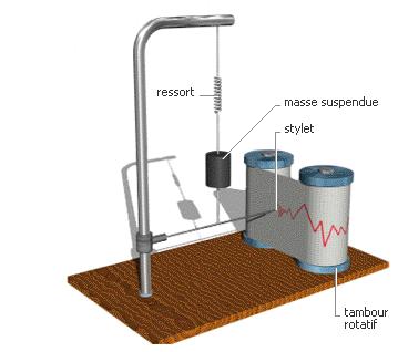 Le sismographe prsent ici permet de dtecter et d'enregistrer les mouvements d'ondes verticales. Lorsqu'une onde sismique atteint le sismographe, le sol, le cadre et le tambour rotatif vibrent en oscillant verticalement, alors que la masse suspendue par le ressort reste immobile du fait de son inertie. Le stylet reli  la masse trace ainsi une ligne brise sur le tambour.